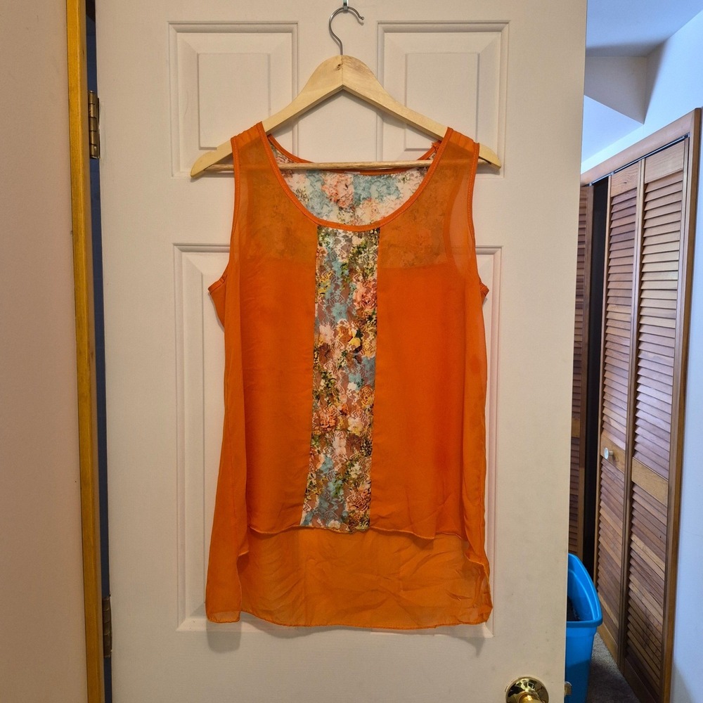 Orange Chiffon Ethereal Tank Top Floral Lace Romantic Sleeveless Blouse Womens